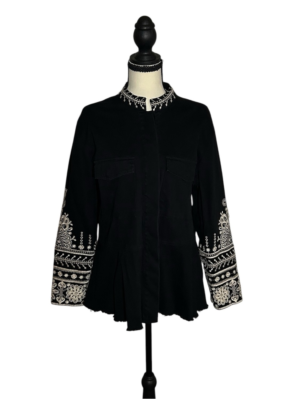 Johnny Was Workshop Black Embroidered Military Peplum Jacket Sz M Boho Western